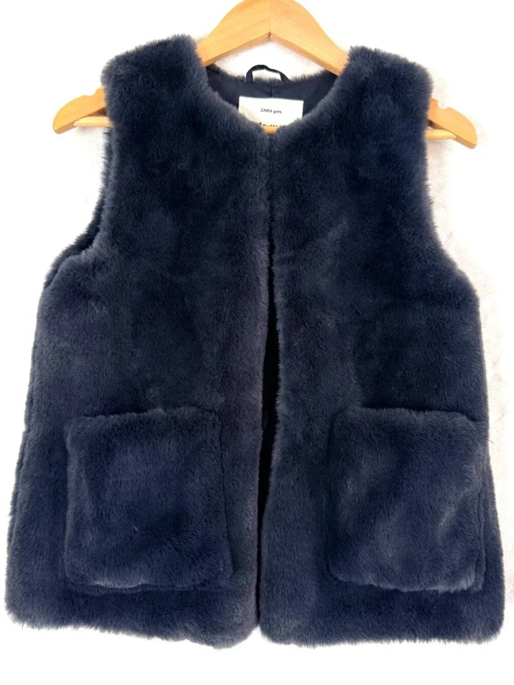 ZARA Girls Outerwear Collection Faux Fur Lightweight Preppy Winter Vest 8 9 Blue